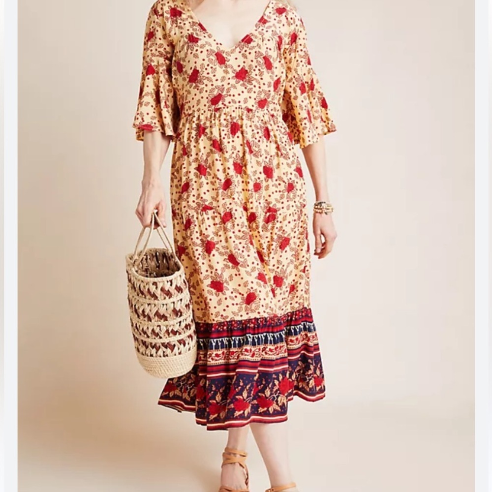 Anthropologie Floral Midi Dress - Red and Cream
